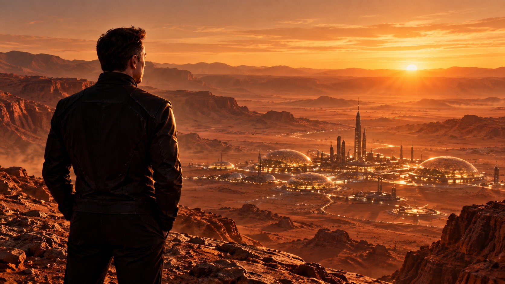 A distant settlement across the Martian horizon